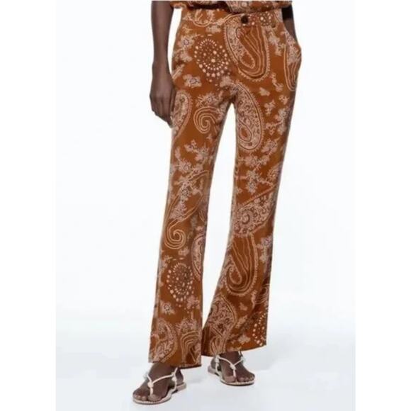Zara Paisley Printed Burnt Orange & Cream Flowy Lightweight Pants Size‎ Large - Picture 1 of 10